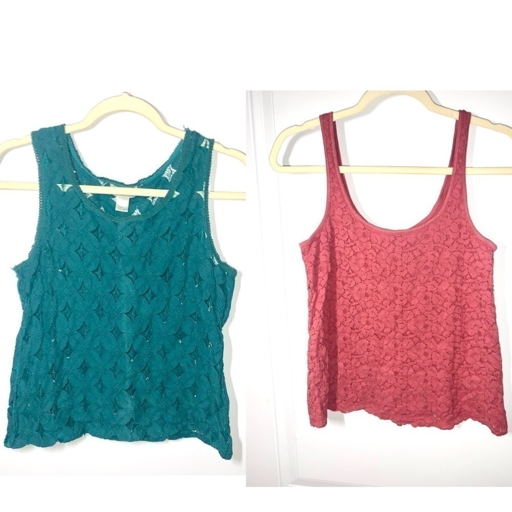 Vintage Lace overlay tank tops AEO dark pink small green Loft medium